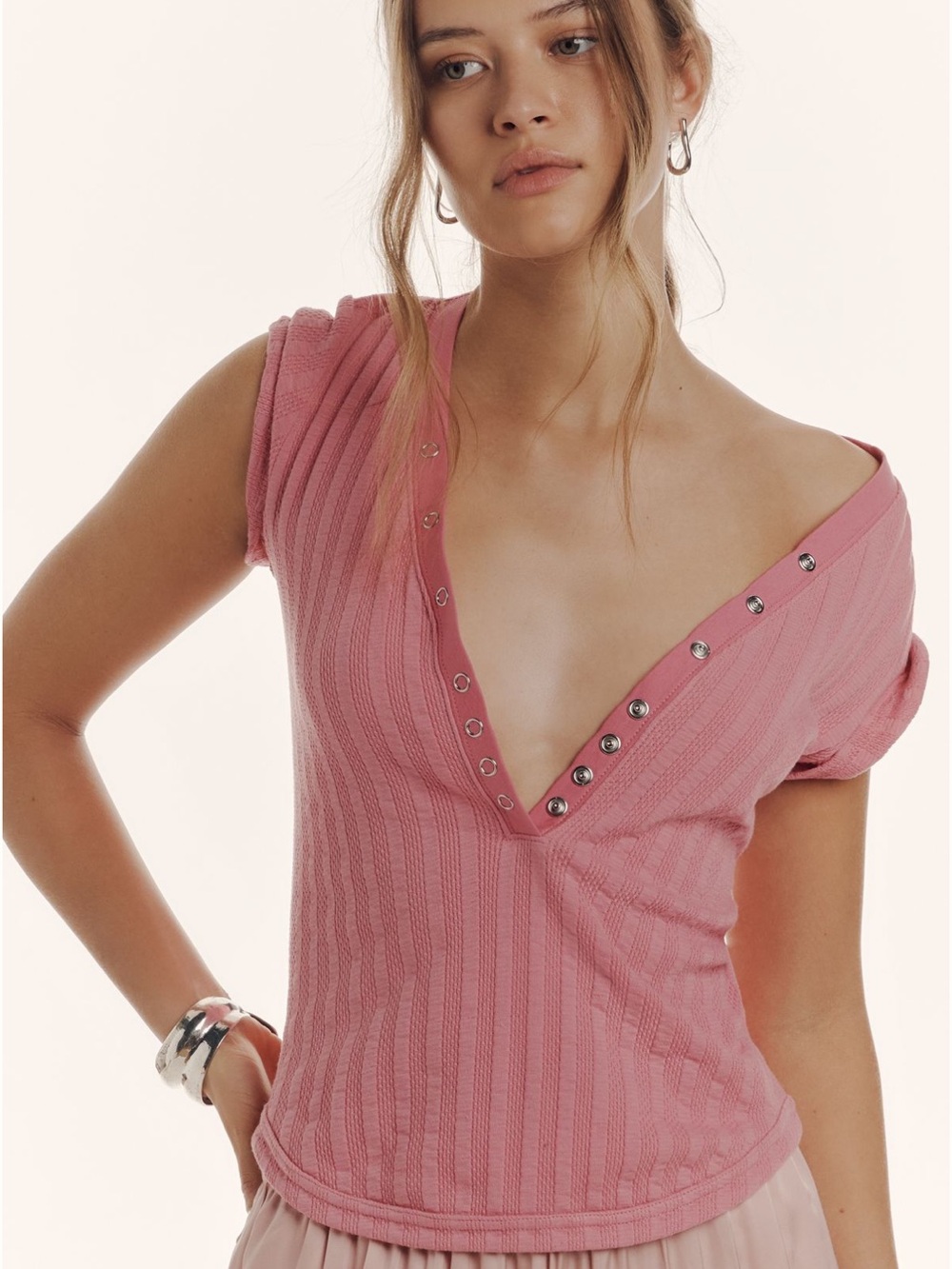 Pilcro Andie Scoop-Neck Ribbed Henley Top Dried Raspberry